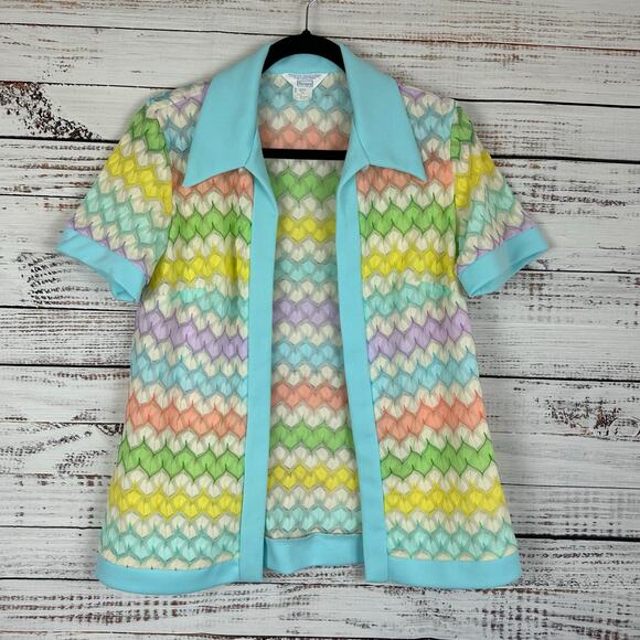 Women's EUC VTG 70's Sears Polyester Pastel Stripe Open Front SS Blouse Sz 14 - Picture 1 of 5